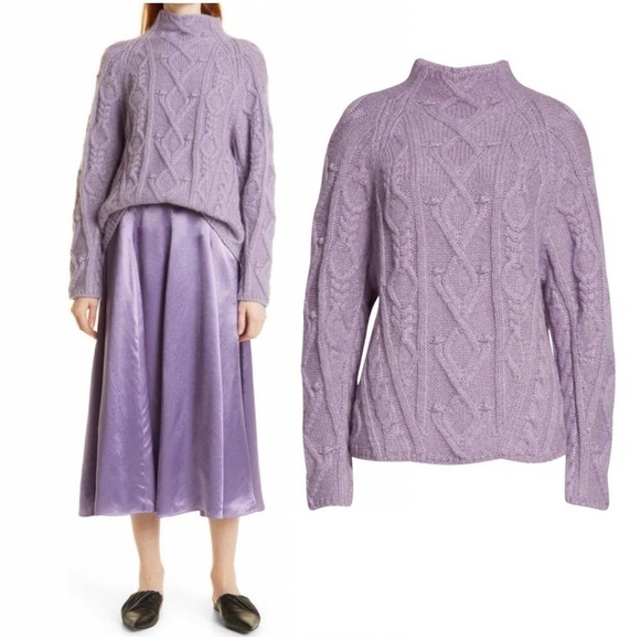 VINCE Aran Raglan White Lilac Purple Mock Neck Alpaca Wool Knit Sweater Small - Picture 1 of 8